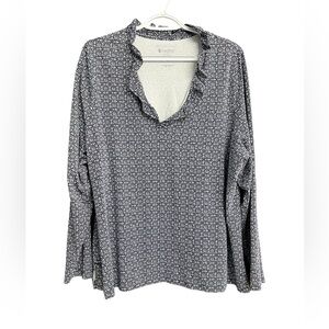 Coolibar Grace Ruffle Neck Navy Blue White Tunic Top Size 2XL